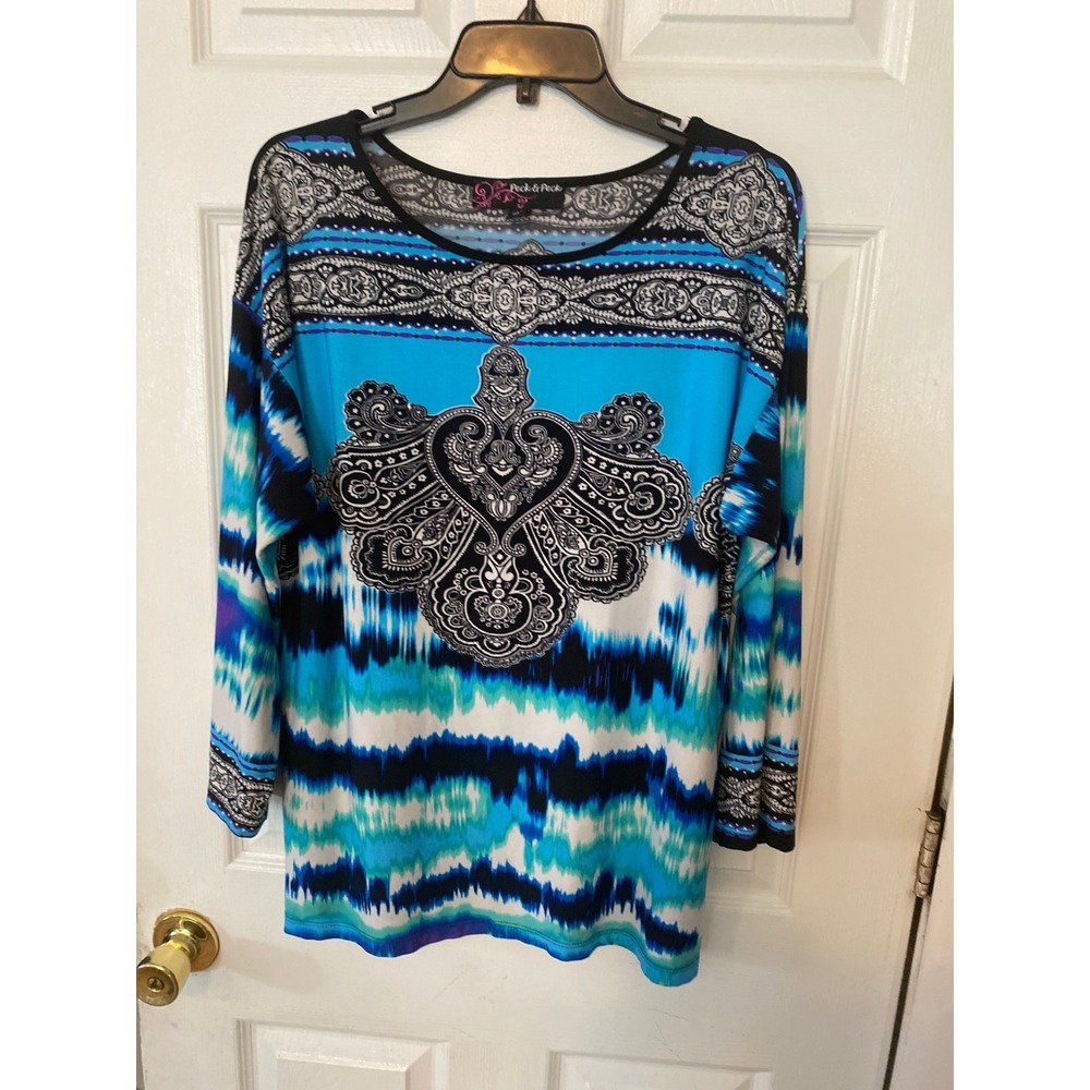Peck & Peck Womens XL Blue Black Paisley Medallion Tie Dye 3/4 Sleeve Top Blouse